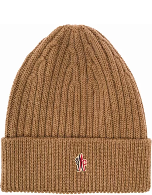 Moncler Grenoble Beige Ribbed Beanie With Logo Patch At The Front In Wool Man