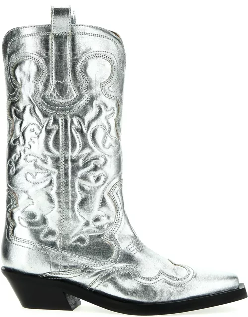 Ganni silver Mid Shaft Embroidered Western Boot