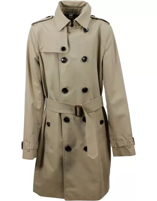 Burberry Trench Coat In Cotton Gabardine With Buttons And Belt With Check Interior