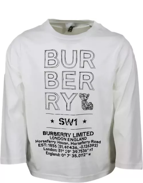 Burberry Long-sleeved Crew-neck T-shirt In Stretch Cotton With Drawn Logo
