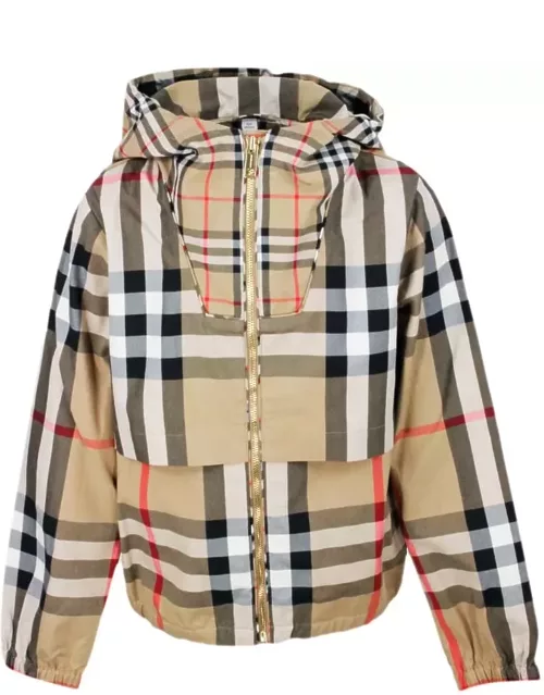 Burberry Cotton Jacket With Hood And Zip Closure In Beige Classic Check
