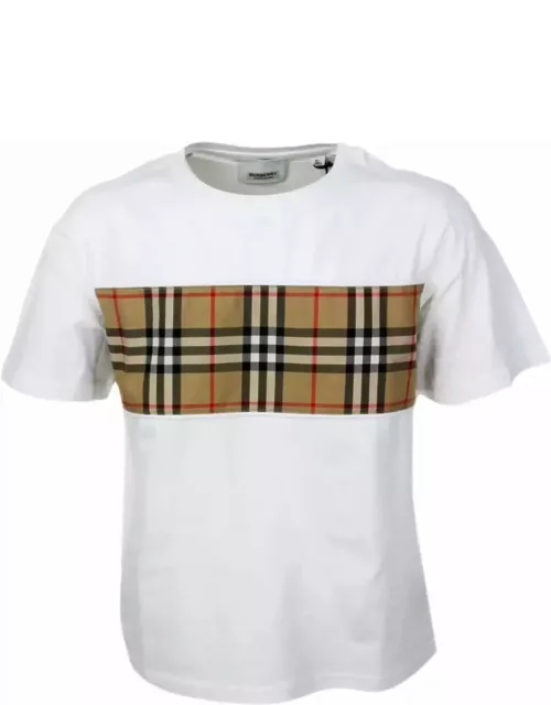 Burberry Crew Neck T-shirt In Cotton Jersey With Classic Check Pattern On The Front