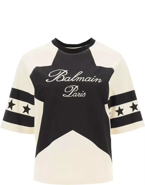 BALMAIN Cropped T-shirt with star and logo print