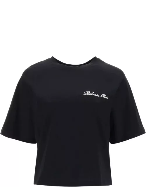 BALMAIN Cropped T-shirt with logo embroidery