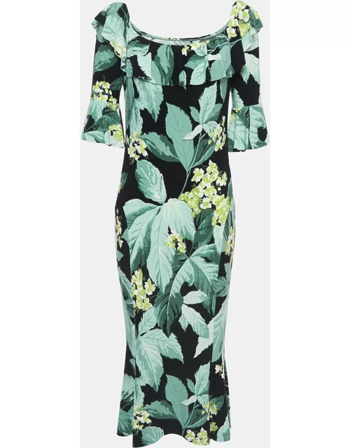 Norma Kamali Green leaf Printed Jersey off-shoulder Fishtail Dress