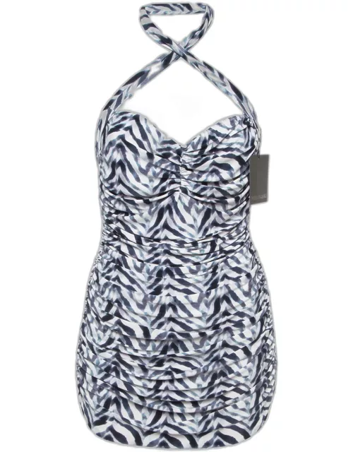 Norma Kamali White/Blue Chevron Zebra Print Jersey Halter Slinky Marissa Swimsuit