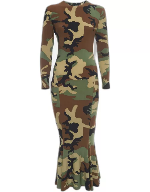 Norma Kamali Green Camouflage Jersey Fishtail Midi Dress