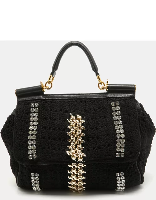 Dolce & Gabbana Black Crochet Fabric Large Crystal and Chain Miss Sicily Top Handle Bag