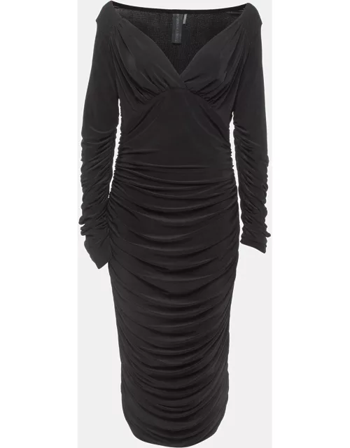 Norma Kamali Black Draped Jersey Long Sleeve Tara Midi Dress