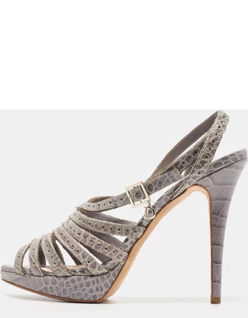 Dior Grey Embossed Croc Strappy Platform Sandal