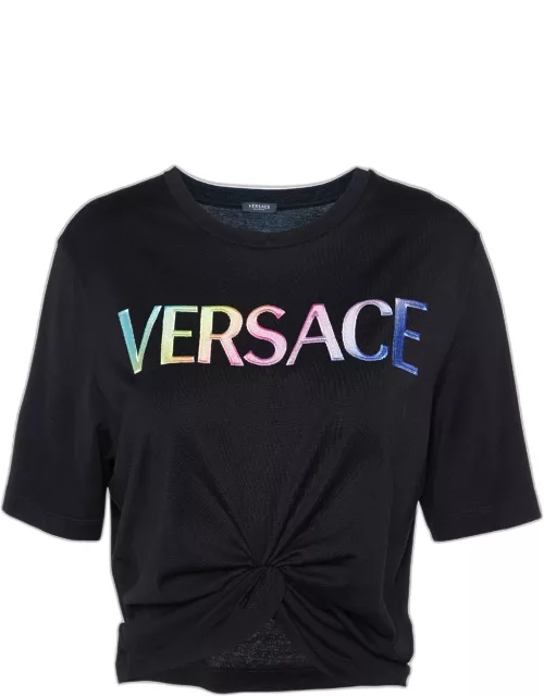 Versace Black Logo Embroidered Cotton Twisted Hem Crop T-Shirt