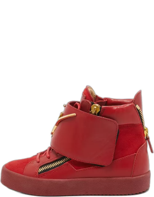 Giuseppe Zanotti Red Suede And Leather Double Zip High Top Sneaker