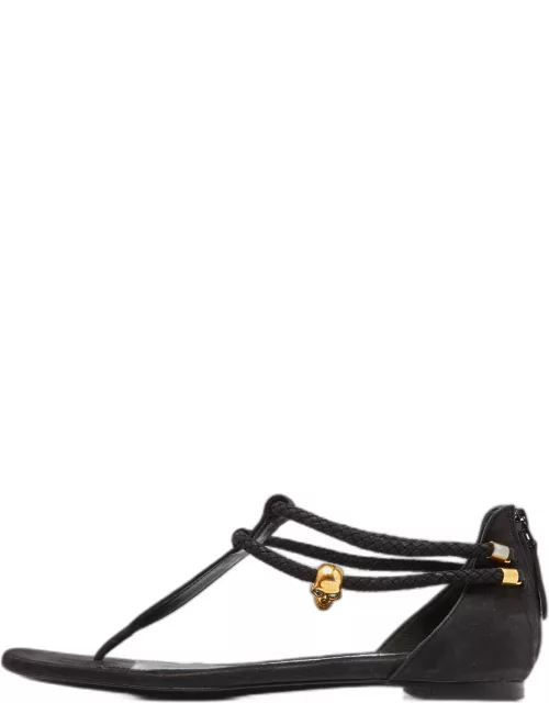 Alexander McQueen Black Leather Skull Embellished Thong Flat Sandal