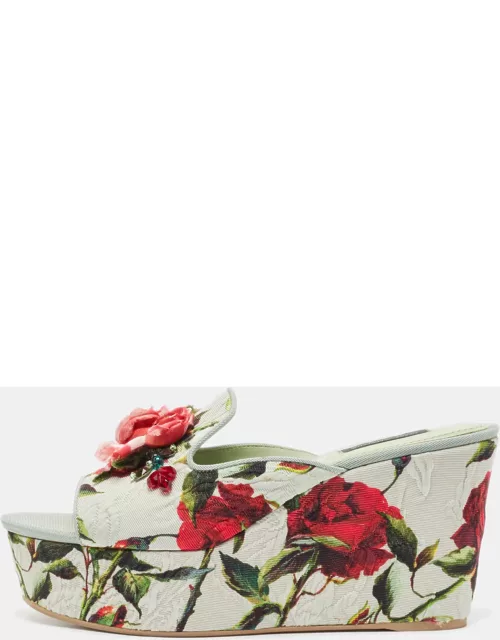 Dolce & Gabbana Light Green Rose Print Canvas Embellished Flower Applique Wedge Slide Sandal