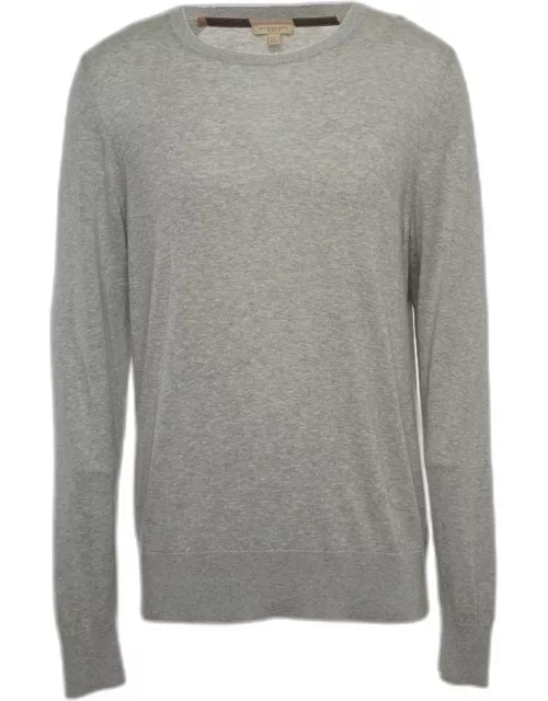 Burberry Brit Grey Cashmere and Cotton Check Detail Round Neck Sweater