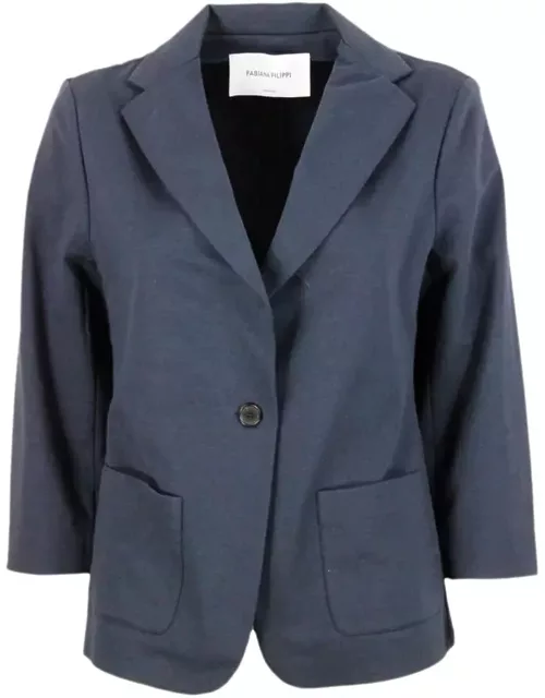 Fabiana Filippi Single-breasted Blazer Jacket In Stretch Cotton Jersey With Three-quarter Sleeves Embellished With Sparkling Monili On The Neck