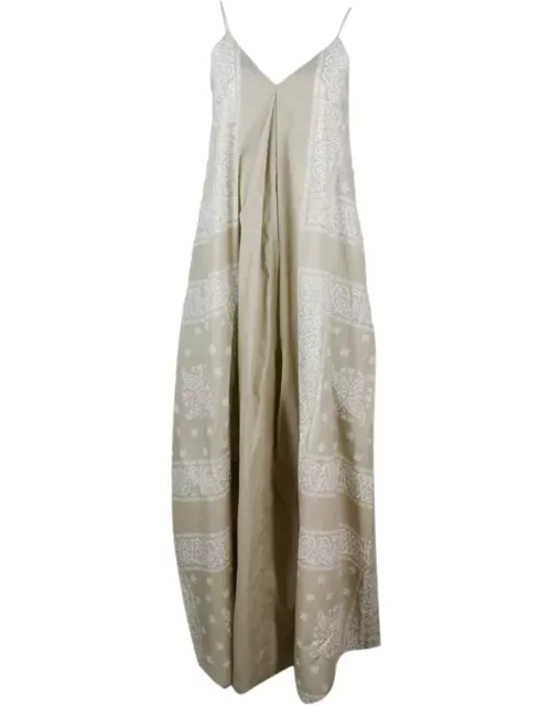 Fabiana Filippi Long Dress In Cotton With Bandana Fantasy Print From The Asymmetrical A-line With Shoulder Straps In Rows Of Brilliant Jewel