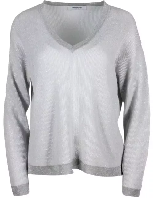 Fabiana Filippi V-neck Cotton Blend Sweater Embellished With Lurex Rows With Contrasting Color Edge