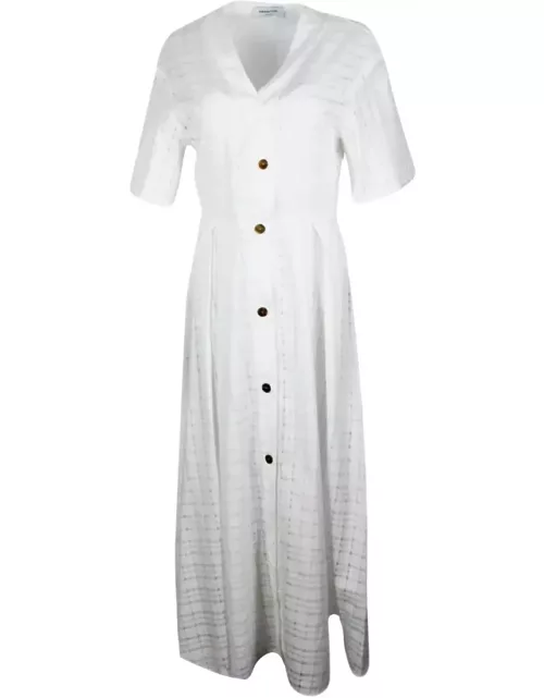 Fabiana Filippi Long Dress In Short-sleeved Stretch Cotton With Button Closure And Textured Work