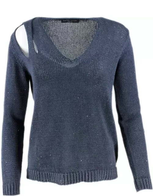 Fabiana Filippi V-neck Sweater In Cotton And Linen With Woven Sequins Open On The Shoulder