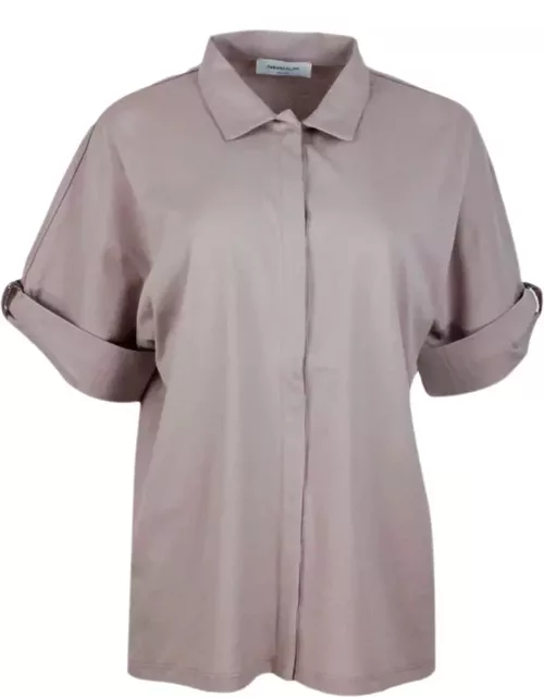 Fabiana Filippi Polo Shirt In Stretch Cotton Jersey With Short Sleeves And Cuffs Embellished With Jewel