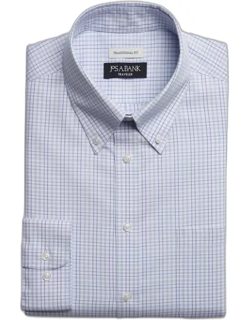 JoS. A. Bank Big & Tall Men's Traveler Collection Traditional Fit Button-Down Collar Plaid Dress Shirt , Light Blue, 18 1/2 32