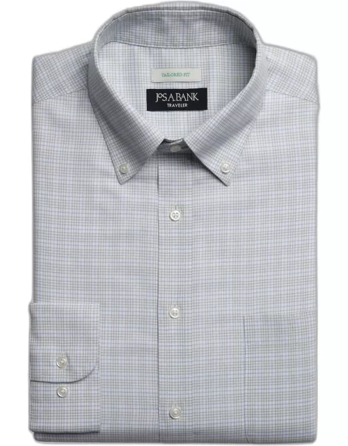 JoS. A. Bank Men's Traveler Collection Tailored Fit Button-Down Collar Mini Grid Dress Shirt, Light Green, 15 34