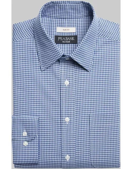 JoS. A. Bank Men's Traveler Collection Slim Fit Point Collar Mini Check Dress Shirt, Dark Blue, 17 32