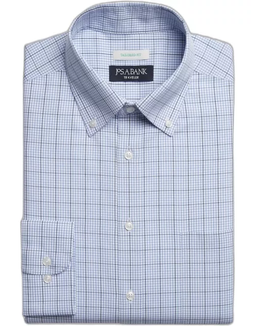 JoS. A. Bank Men's Traveler Collection Tailored Fit Button-Down Collar Windowpane Grid Dress Shirt, Blue, 17 32