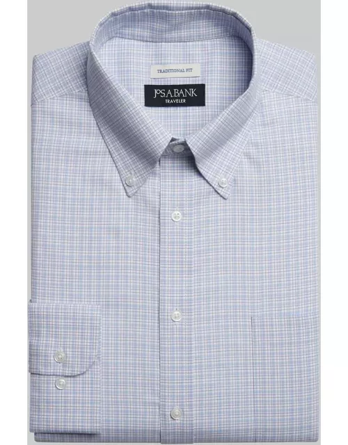 JoS. A. Bank Big & Tall Men's Traveler Collection Traditional Fit Button-Down Collar Mini Plaid Dress Shirt , Light Purple, 18 34