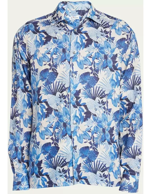 Men's Cotton Floral-Print Casual Button-Down Shirt