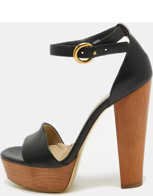 Stella McCartney Black Faux Leather Wooden Platform Ankle Strap Sandal