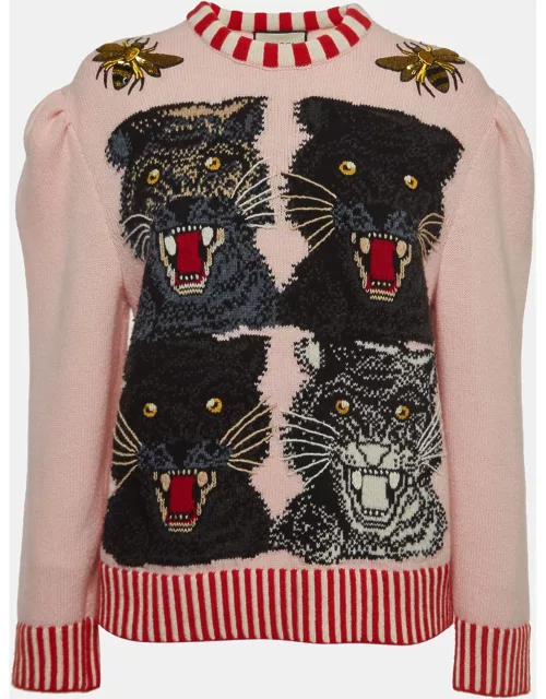 Gucci Pink Wool Tiger Intarsia Embellished Sweater