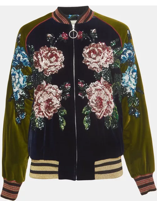 Gucci Navy Blue/Green Floral Sequined Bomber Jacket