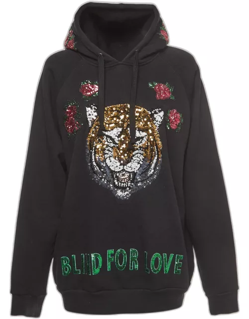 Gucci Black Cotton Knit Embroidered Hooded Sweatshirt