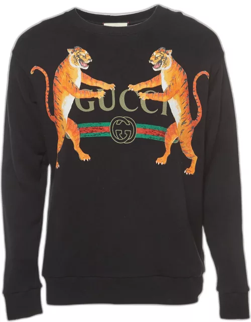 Gucci Black Logo Tiger Printed Cotton Knit Sweatshirt