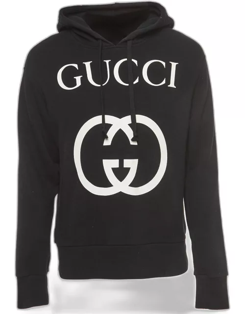 Gucci Black Logo Printed Cotton Knit Hooded Sweatshirt