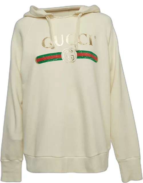 Gucci Cream Logo Print Embroidered Cotton Knit Hoodie