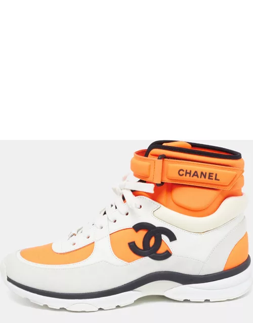 Chanel Neon Orange/White Neoprene and Leather CC High Top Sneaker