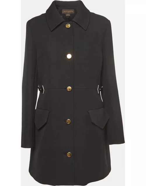 Louis Vuitton Black Wool Leather Tab Waist Single Breasted Coat