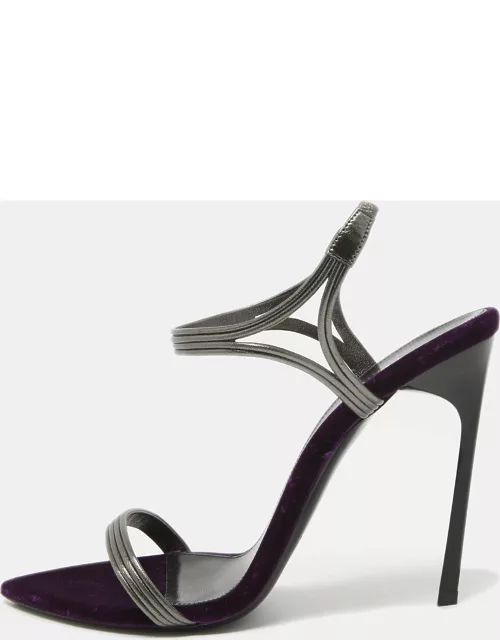 Saint Laurent Metallic Silver/Purple Leather and Velvet Ankle Strap Sandal