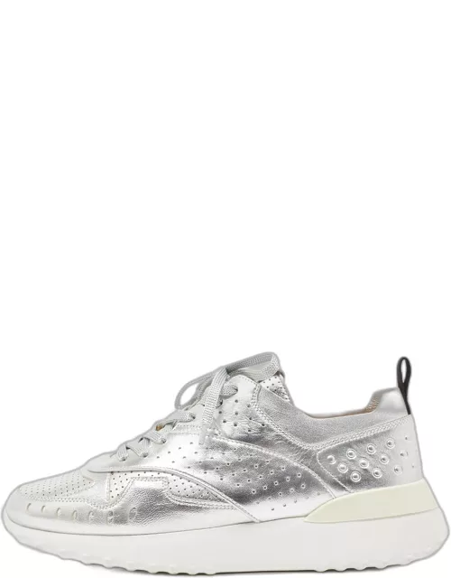 Tod's Silver Leather Drilled Low Top Sneaker