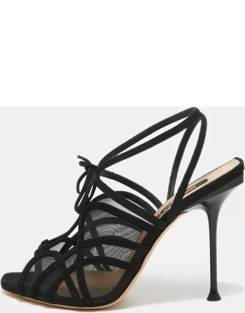 Sergio Rossi Black Suede and Mesh Ankle Strap Sandal