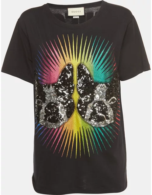 Gucci Black Cotton Sequined Dog Print T-Shirt