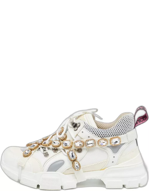 Gucci White/Grey Mesh and Leather Crystal Embellished Flashtrek Sneaker
