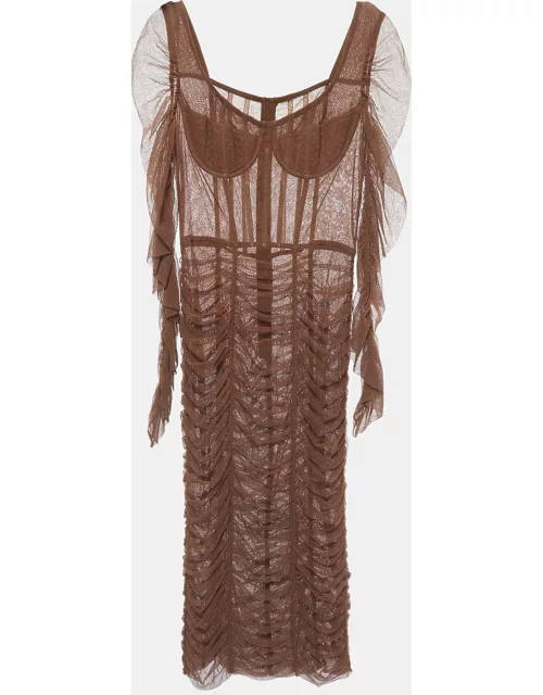 Dolce & Gabbana Brown Tulle Ruched Long Dress