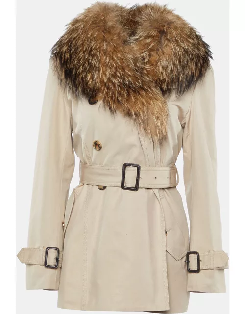 Carolina Herrera Beige Gabardine & Fur Detail Collar Trench Coat