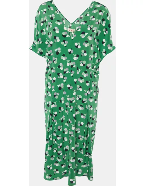 Marni Green Print Silk V-Neck Pleated Short Dress