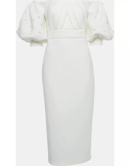 Badgley Mischka Ivory Jersey Off-Shoulder Embellished Midi Dress