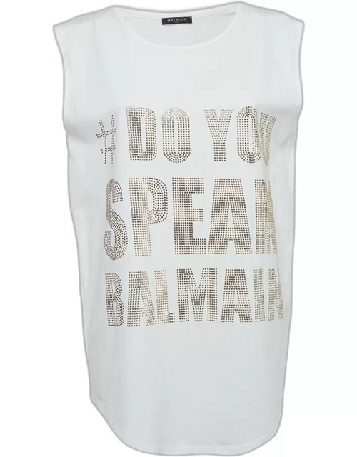 Balmain Off-White Slogan Studded Cotton Tank Top